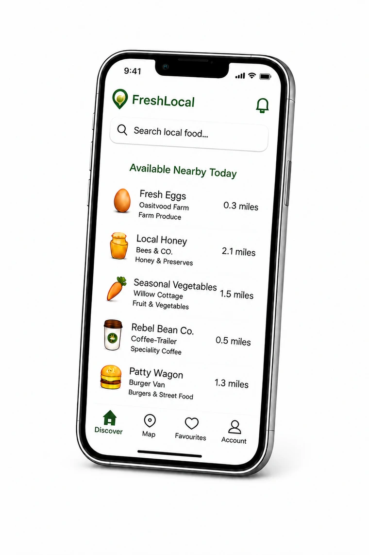 Original FreshLocal app concept, showing example local listings