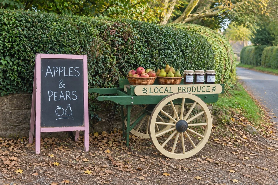 AI-generated scene of a small unattended green handcart with baskets of apples and pears beside a village lane