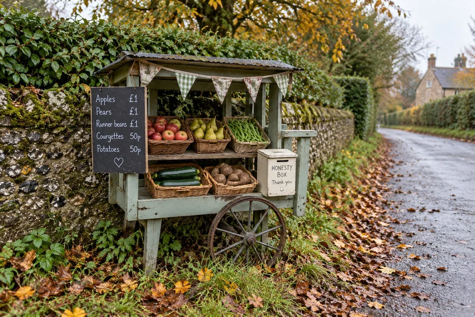 AI-generated scene of an unattended roadside produce stall with apples, vegetables, handwritten prices and an honesty box