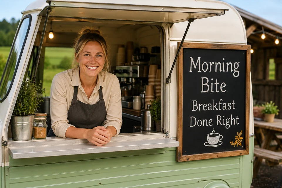 AI-generated demo scene of a smiling vendor at the Morning Bite food van