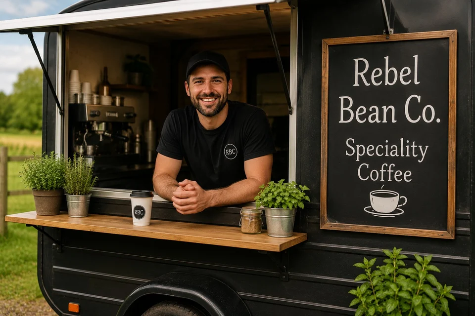 AI-generated scene of a smiling barista at the hatch of the fictional Rebel Bean Co. coffee van
