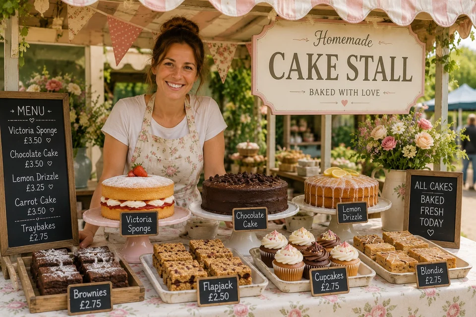 AI-generated scene of a smiling baker behind cakes and traybakes at the fictional Sunday Bake Stall